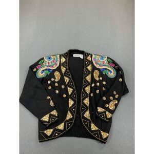 Cristina Cardigan Sweater Womens Medium Black Beaded Sequin‎ Paisley Silk Angora